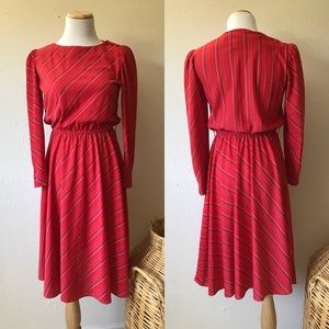 Vintage Striped Red Midi Dress with puff sleeves